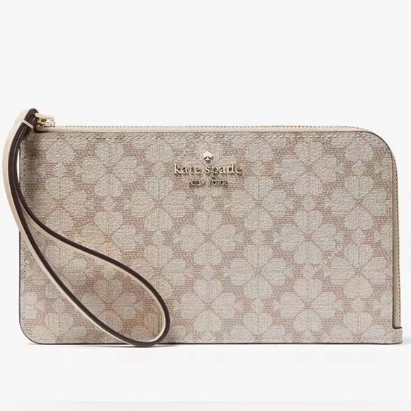Kate Spade Lucy Spade Flower Medium L-zip Wristlet Dark Beige Multi - Picture 14 of 16